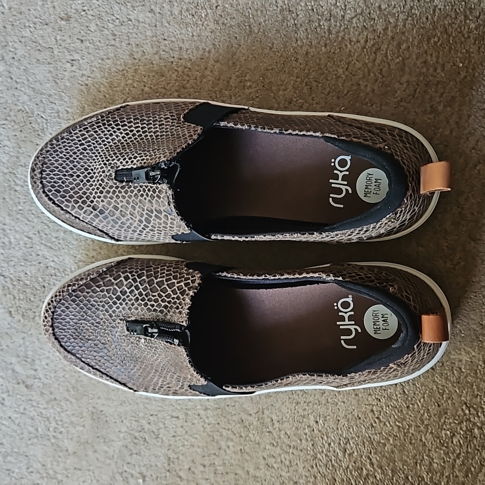 Ryka sneakers, size 10M, brown with black detail snake print, functioning zipper